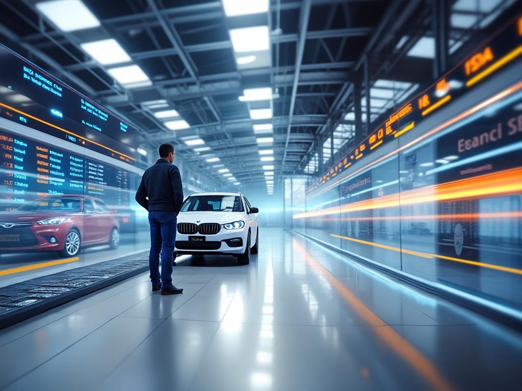 Homem em pé diante de um carro branco em um showroom moderno com luzes de néon e reflexos.