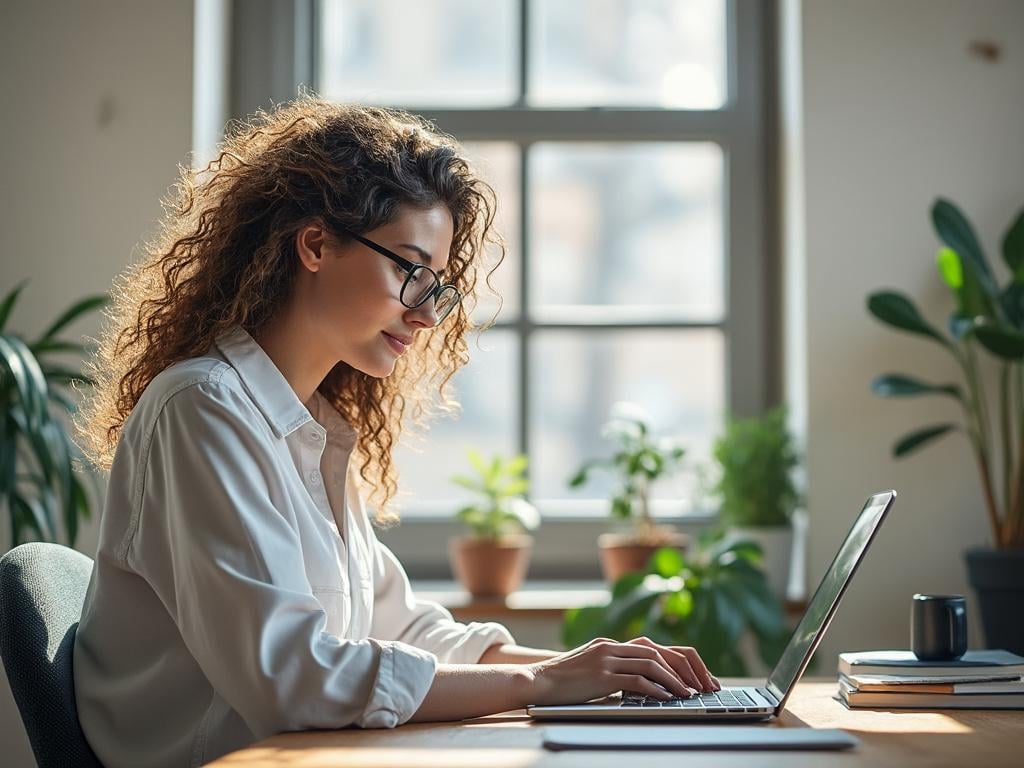 Femme aux cheveux bouclés travaillant sur un ordinateur portable dans un bureau lumineux avec plantes en arrière-plan.
