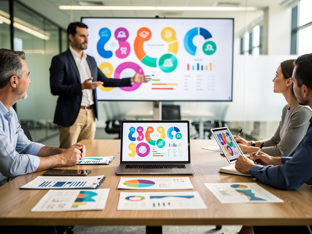 Business team reviewing colorful analytics dashboards during a corporate presentation in a modern conference room