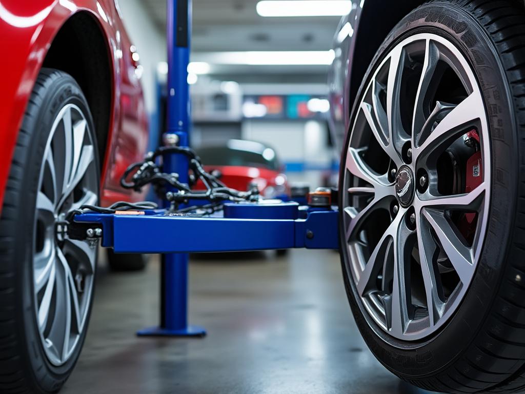 Close-up of car wheels on a blue alignment machine in an auto repair shop. Close-up of car wheels on a blue alignment machine in an auto repair shop.
