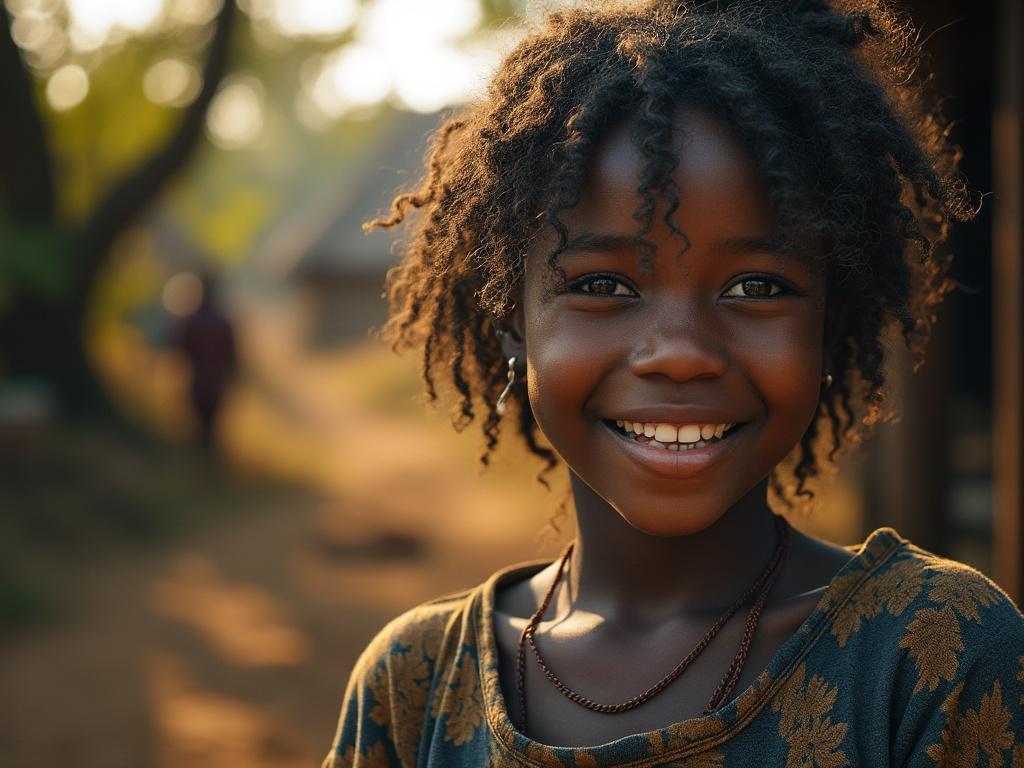 Smiling child with curly hair in a rural outdoor setting, wearing a patterned shirt with blurred background.
