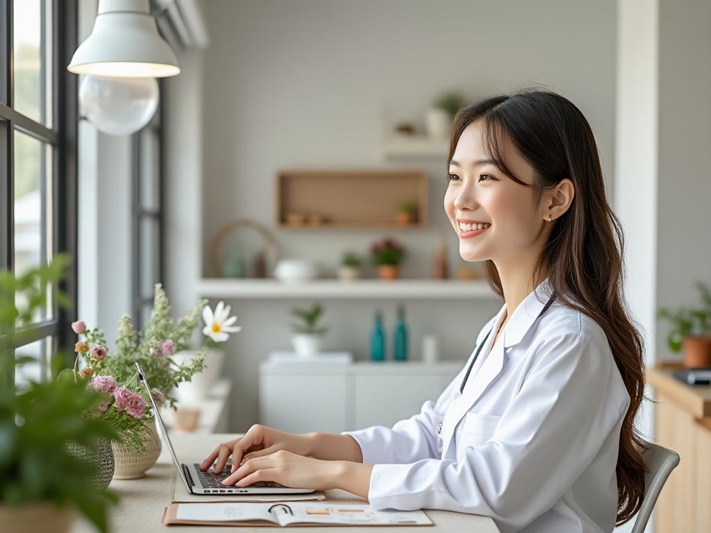 Smiling woman in a white coat working on a laptop at a desk with flowers and window light.