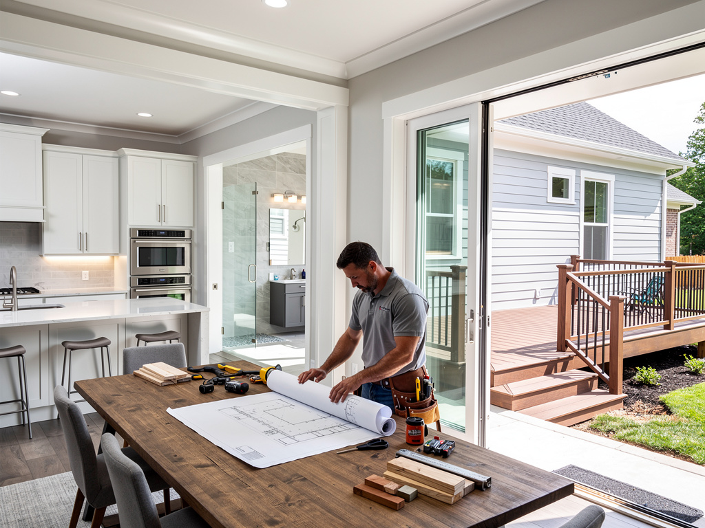 Contractor reviewing blueprints on dining table in modern kitchen renovation with sliding doors to backyard deck