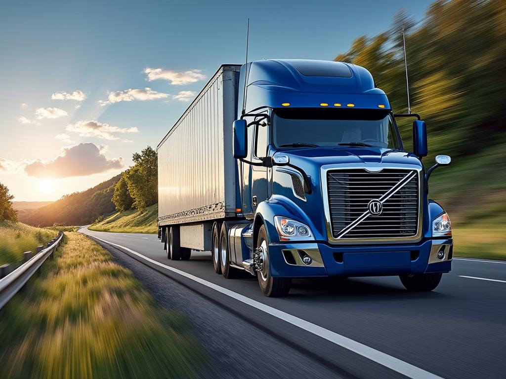 Blue semi-truck driving on a highway with lush green landscape and a scenic sunset in the background.