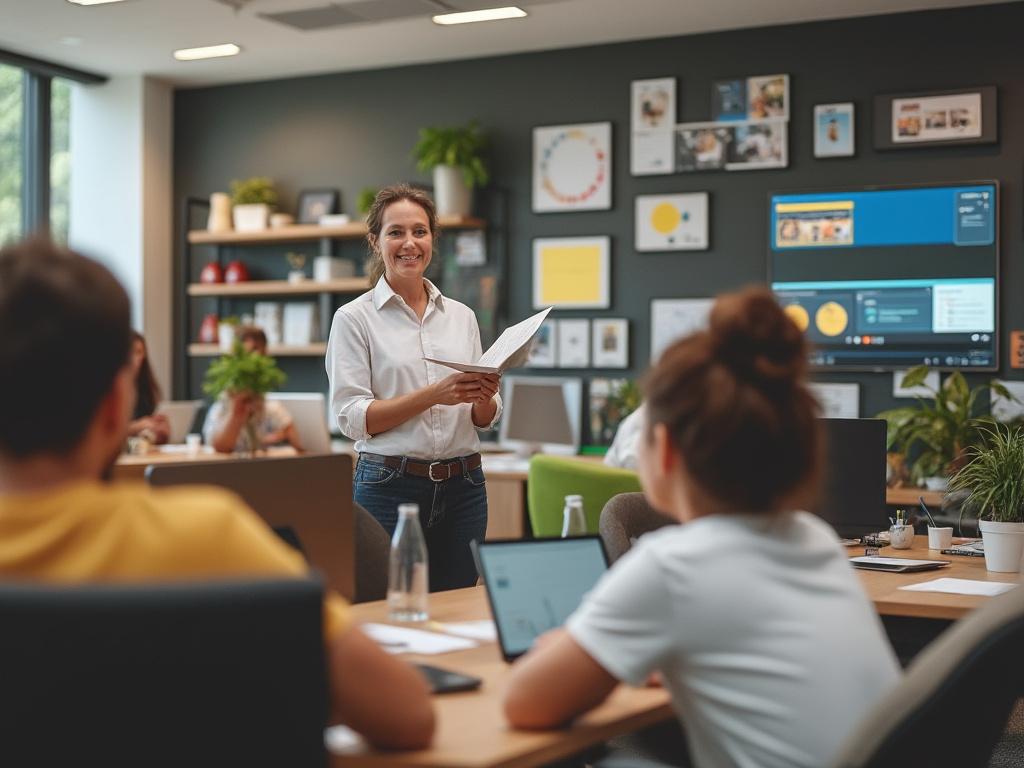 Woman leading a presentation in a modern office, engaging with attentive colleagues, surrounded by plants and creative wall art.