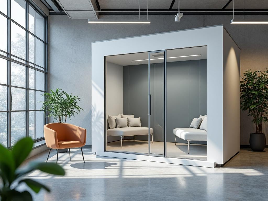 Cabina modular moderna con puertas de vidrio en oficina luminosa, sillones minimalistas, plantas y grandes ventanales
