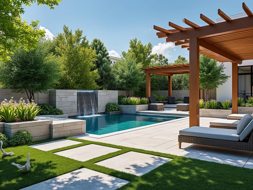 Modern backyard garden with swimming pool, waterfall feature, wooden pergola, lounge chairs, and lush greenery.