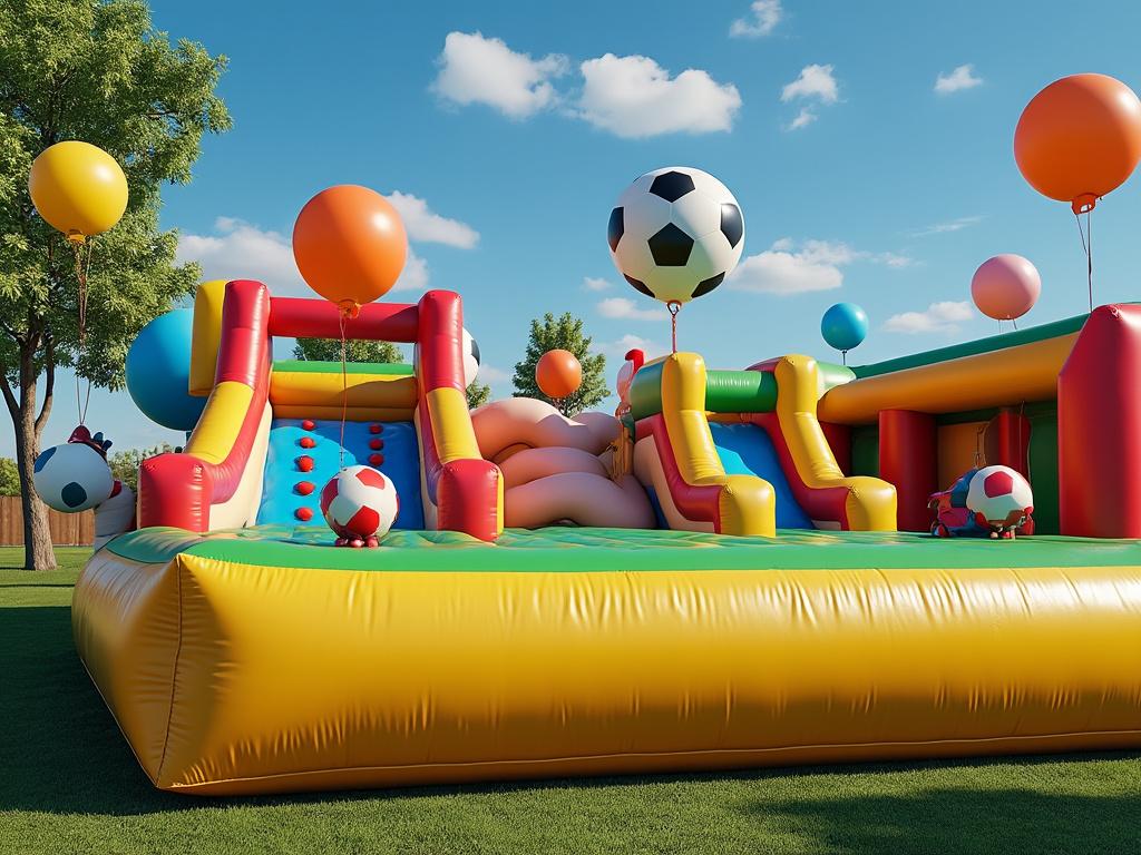 Colorful inflatable playground with slides, soccer ball decorations, and balloons on a sunny day. Colorful inflatable playground with slides, soccer ball decorations, and balloons on a sunny day.