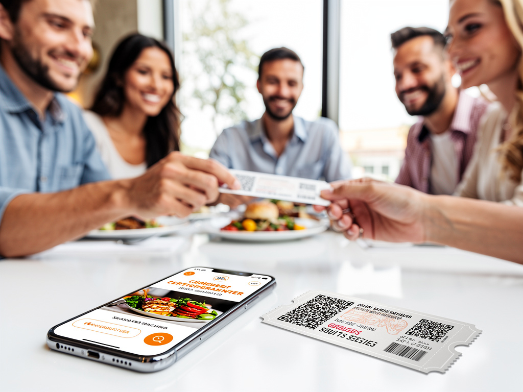 Group of friends at restaurant sharing digital meal vouchers with smartphone app and QR code coupon tickets