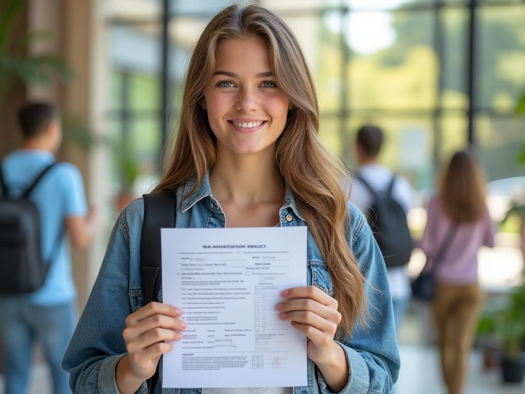 Smiling student holding exam results in school hallway.
