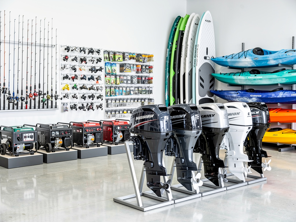 Marine and outdoor sports equipment showroom with outboard motors, kayaks, paddleboards, fishing rods, reels, and generators