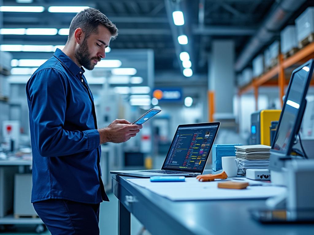 Man in industrial office using smartphone and laptop with code on screen, surrounded by stacks of paper and office supplies.