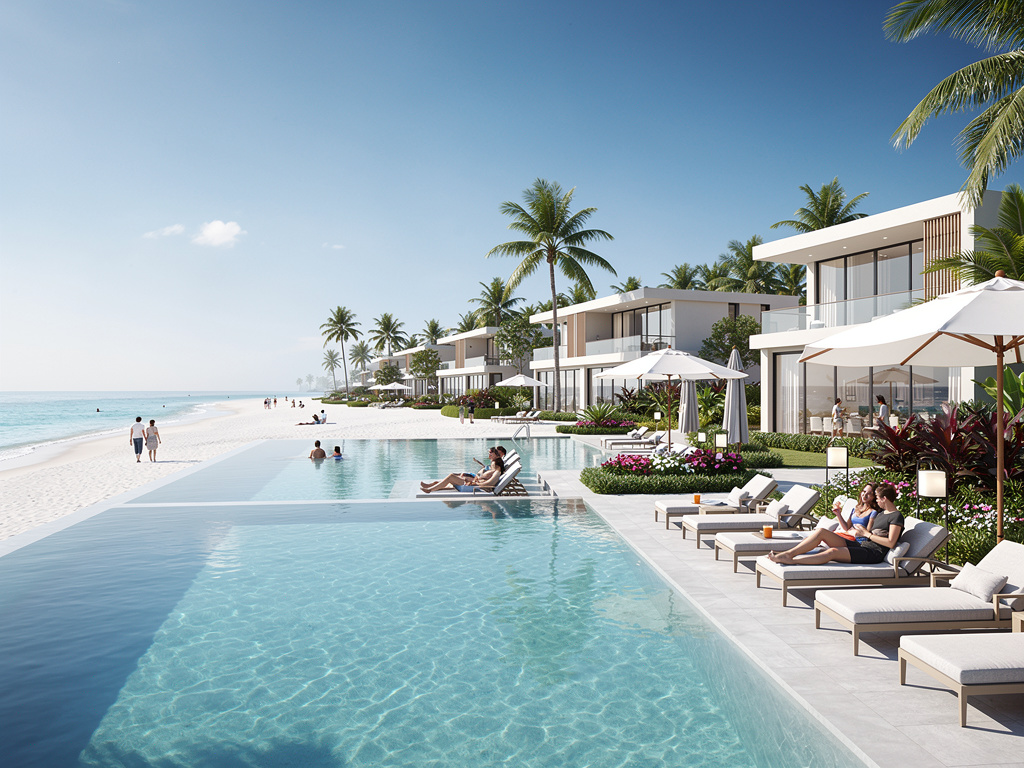 Luxury beachfront resort with infinity pool, modern villas, palm trees, lounge chairs, and ocean views