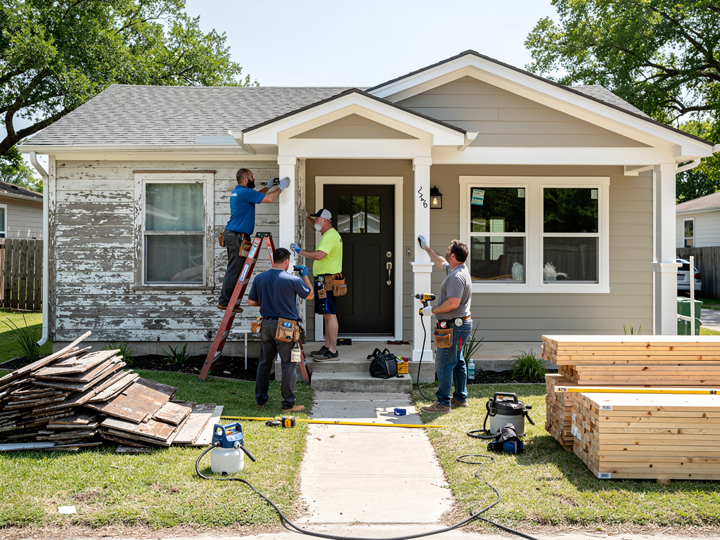 Construction crew renovating a small house exterior with new siding, tools, lumber, and old siding debris in front yard