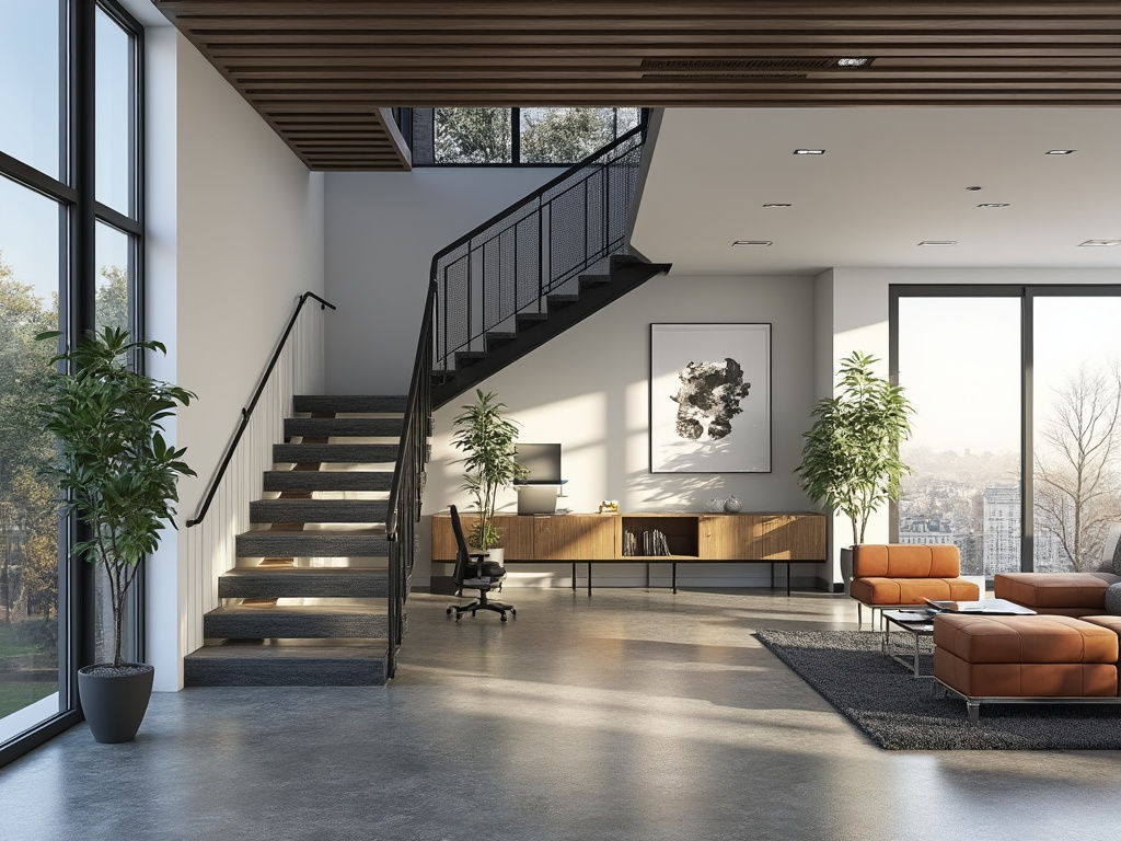 Modern open-plan living room with staircase, large windows, indoor plants, orange lounge chairs, and city view