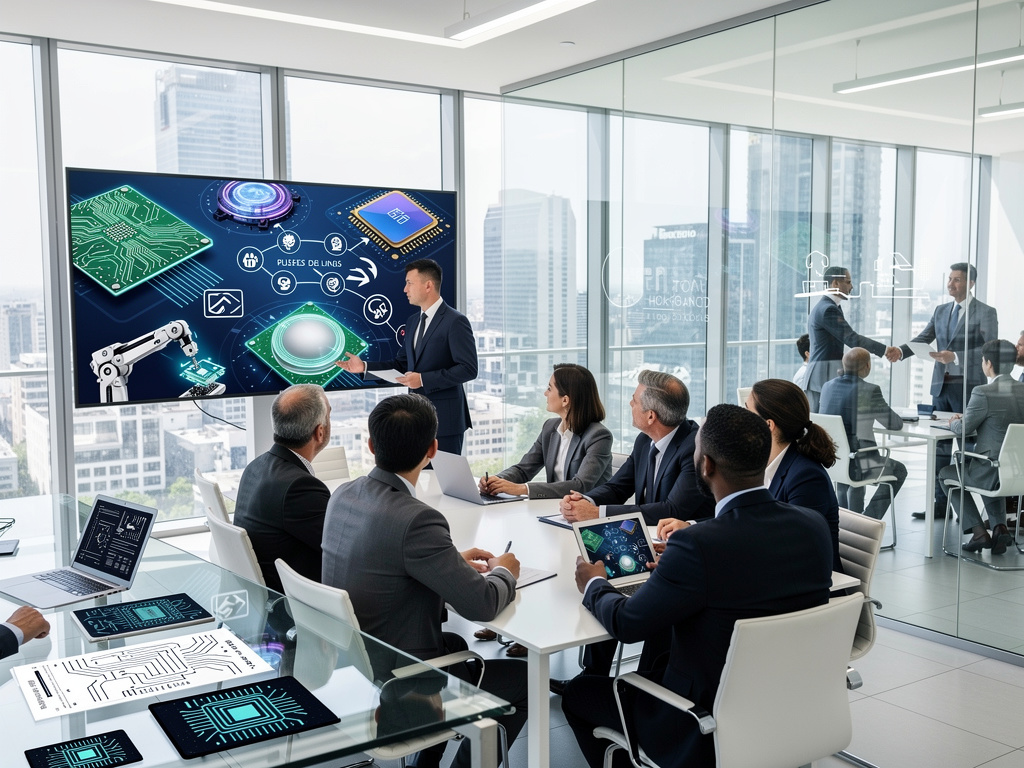 Business team in modern boardroom reviewing AI semiconductor and robotics technology presentation