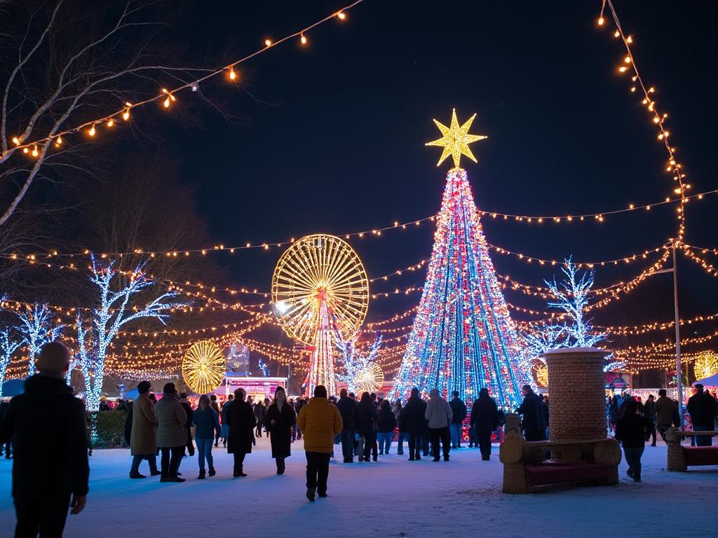 People enjoying a festive holiday market with colorful lights, a large Christmas tree, and Ferris wheels at night.
