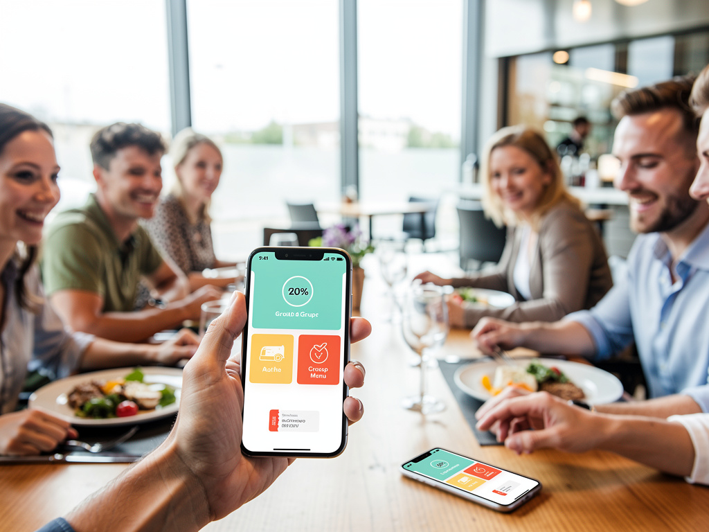 Friends dining in a restaurant using a mobile app for discounts and menu options on smartphones