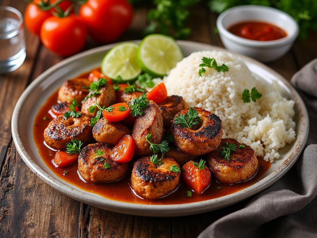Plate of grilled meatballs with tomato sauce, garnished with parsley and cherry tomatoes, served with rice and lime slices on a wooden table.