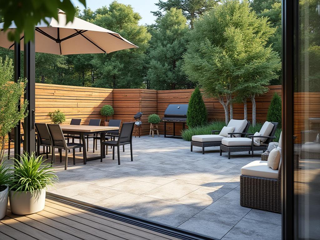 Modern outdoor patio with dining table, umbrella, lounge chairs, and a grill, surrounded by greenery and a wooden fence.