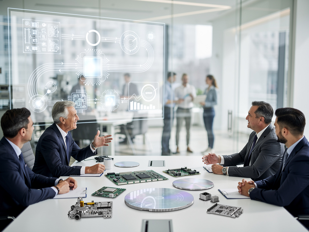 Business executives discussing semiconductor technology and circuit boards in a modern conference room with digital holographic interface