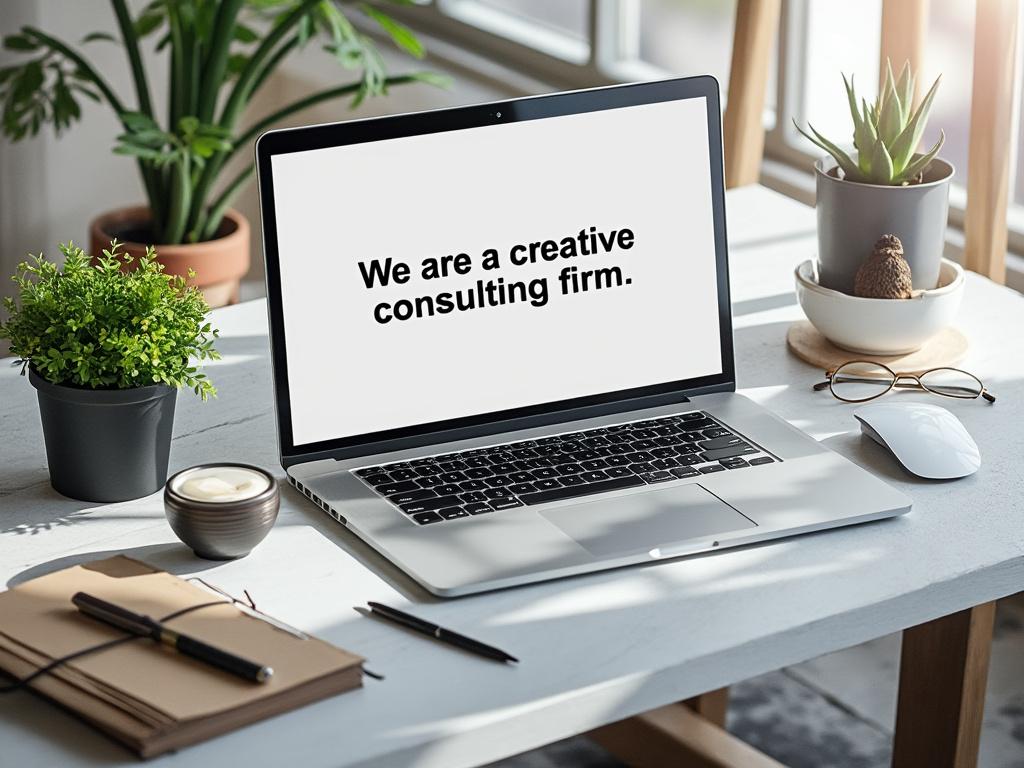 Laptop displaying 'We are a creative consulting firm' on an office desk with plants, notebook, glasses, and coffee cup.