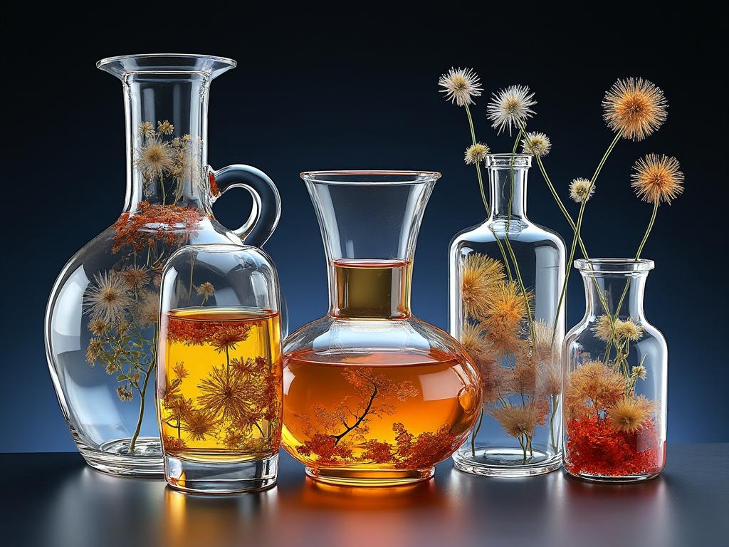 Glass bottles filled with amber liquid and dried flowers against a dark background