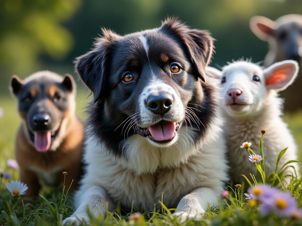 A happy black and white dog lying on grass with a puppy and a lamb, surrounded by flowers on a sunny day.