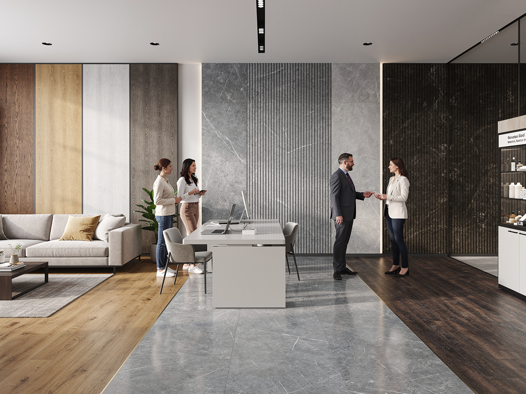 Modern flooring and wall panel showroom with wood and marble samples, office desk, sofa, and customers consulting with sales staff