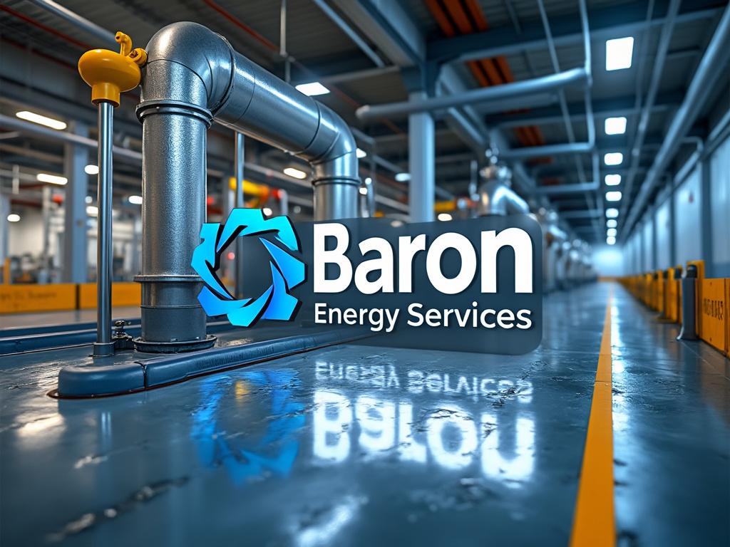 Industrial setting with large metal pipes and the Baron Energy Services logo.