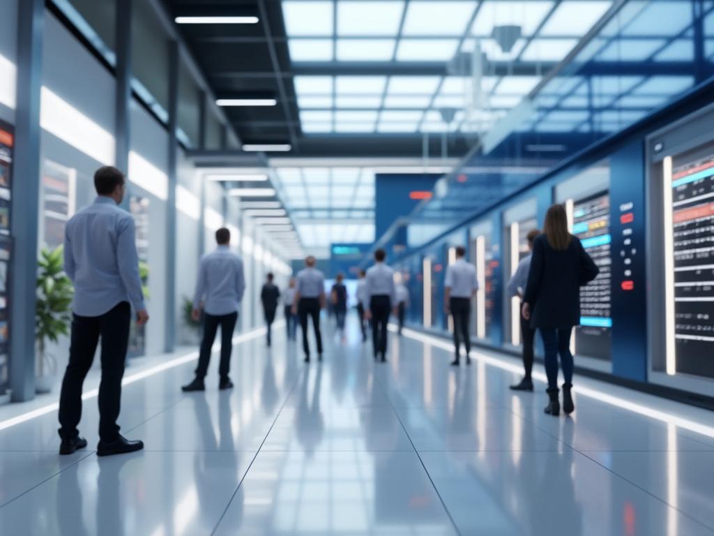 Modern data center hallway with people walking past large digital displays.