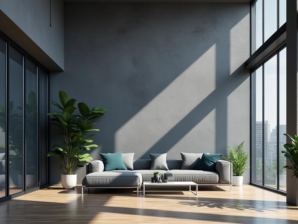 Modern living room with large windows, grey walls, a grey sectional sofa, teal pillows, and potted plants.
