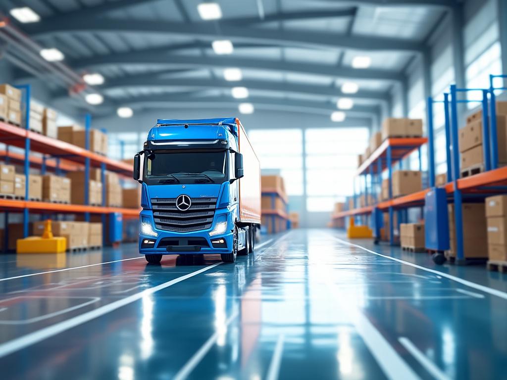 Blue semi-truck parked inside a spacious warehouse with high racks filled with boxes and packages.