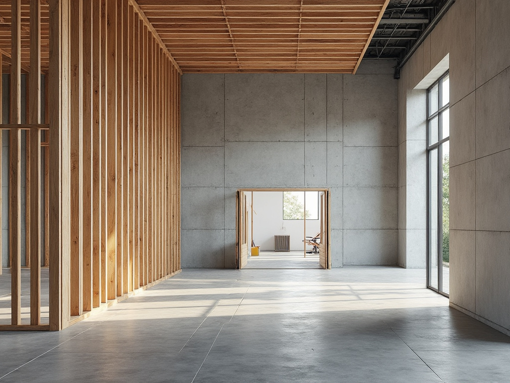 Modern minimalist interior with exposed wooden beams, large concrete panels, and a sunlit room through an open doorway.