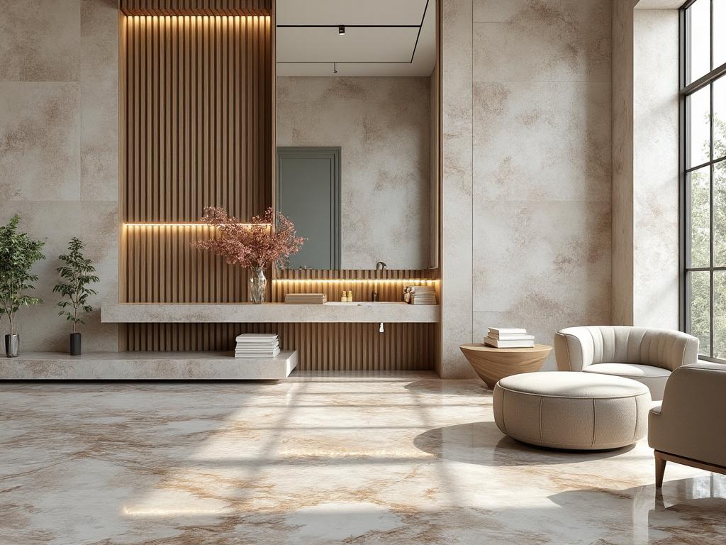 Intérieur moderne avec sol en marbre, fauteuils crème, décorations en bois et grande fenêtre.