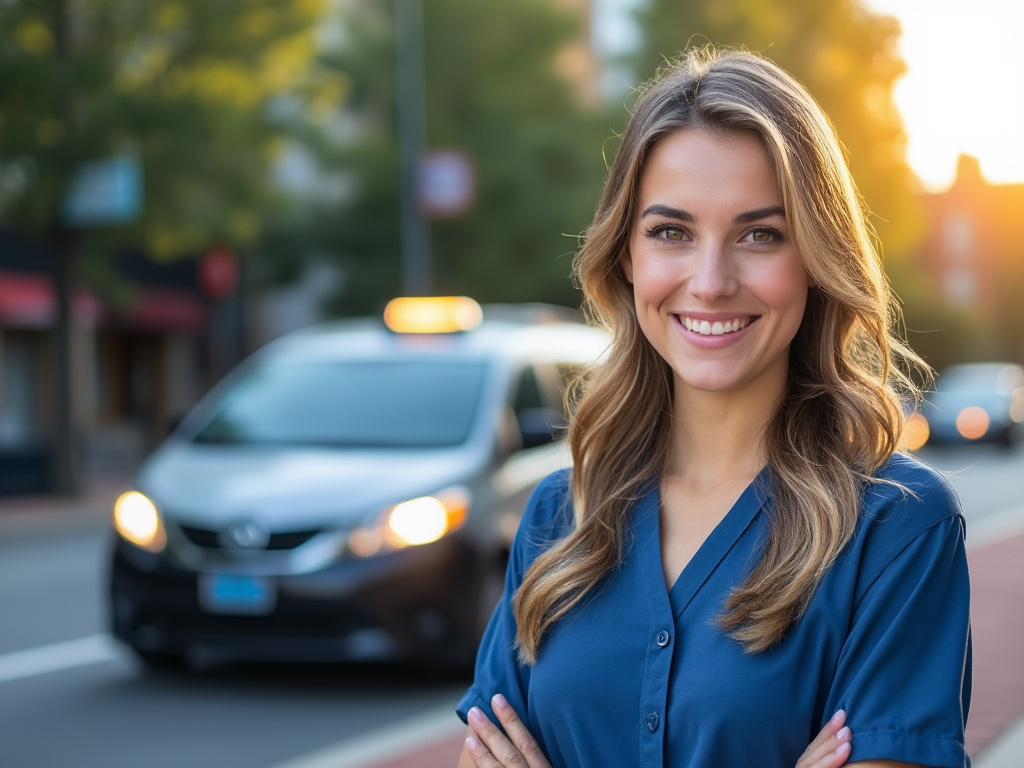 Smiling female healthcare worker in blue scrubs standing on city street with taxi in background