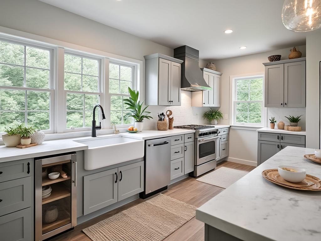 Modern kitchen with gray cabinets, farmhouse sink, marble countertops, stainless steel appliances, wooden floors, and large windows. Modern kitchen with gray cabinets, farmhouse sink, marble countertops, stainless steel appliances, wooden floors, and large windows.
