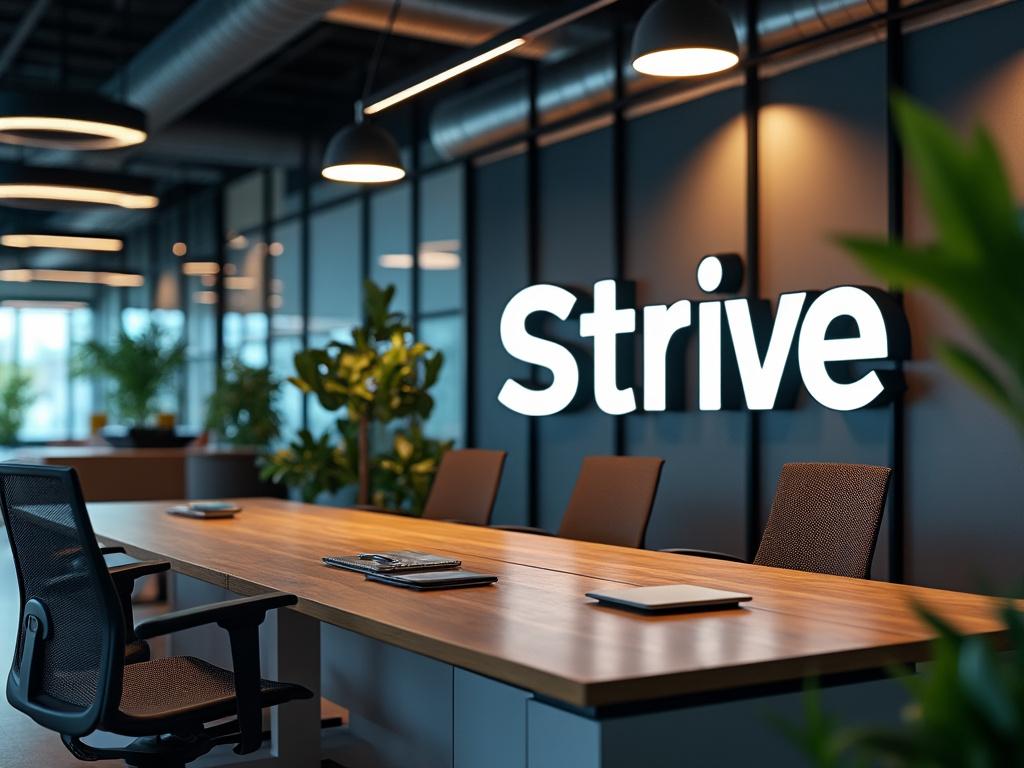 Modern conference room with wooden table, chairs, indoor plants, and illuminated 'Strive' sign.