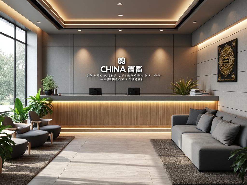 Modern reception area with gray walls, a wooden reception desk, potted plants, a large window, and comfortable seating arrangements.