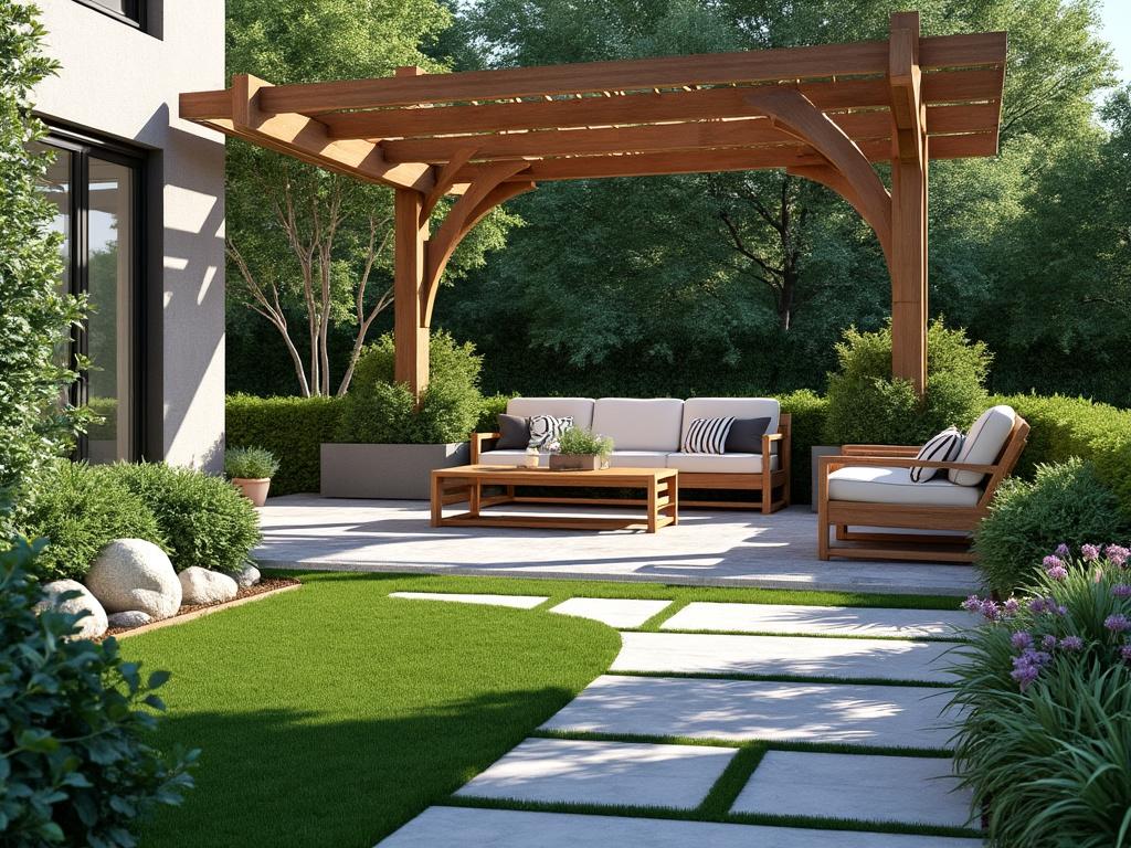 Outdoor patio with wooden pergola, modern furniture, and lush greenery
