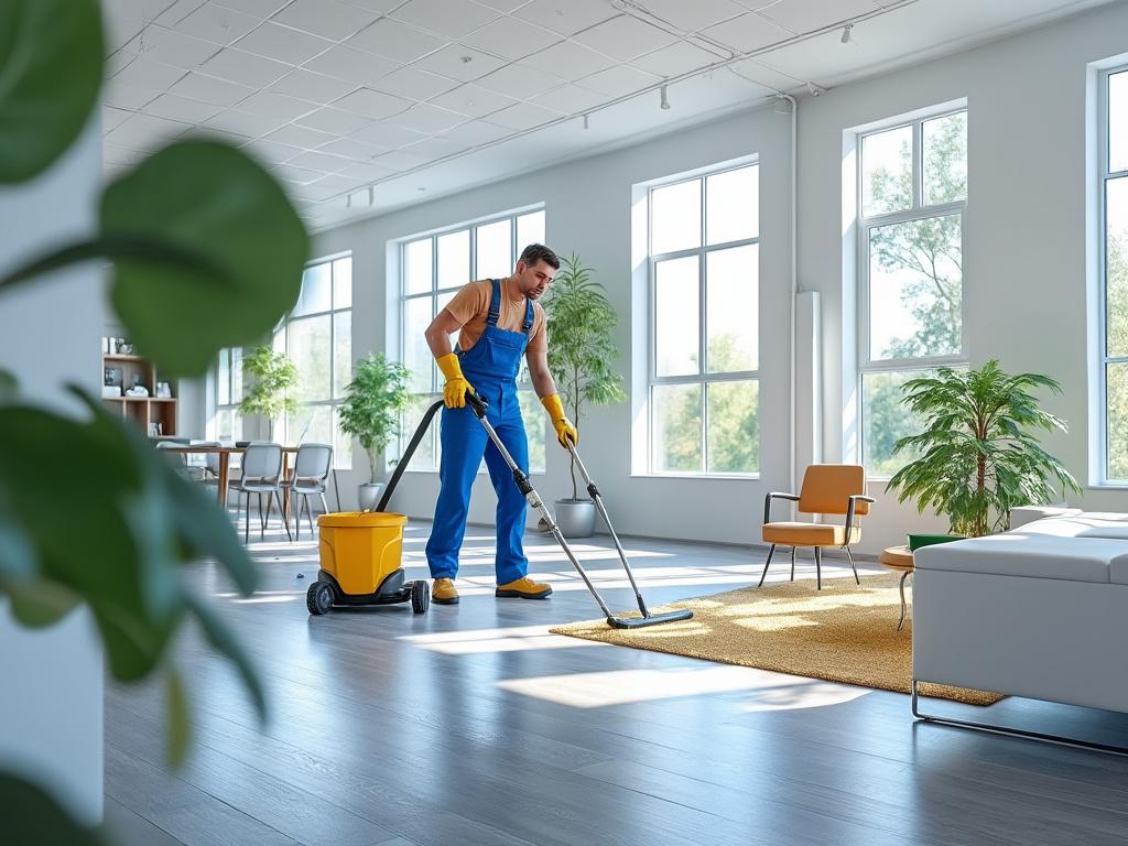 Mann in blauer Arbeitskleidung und Handschuhen reinigt den Boden eines modernen, sonnendurchfluteten Wohnzimmers mit einem Staubsauger, im Hintergrund sind große Fenster und Pflanzen zu sehen.