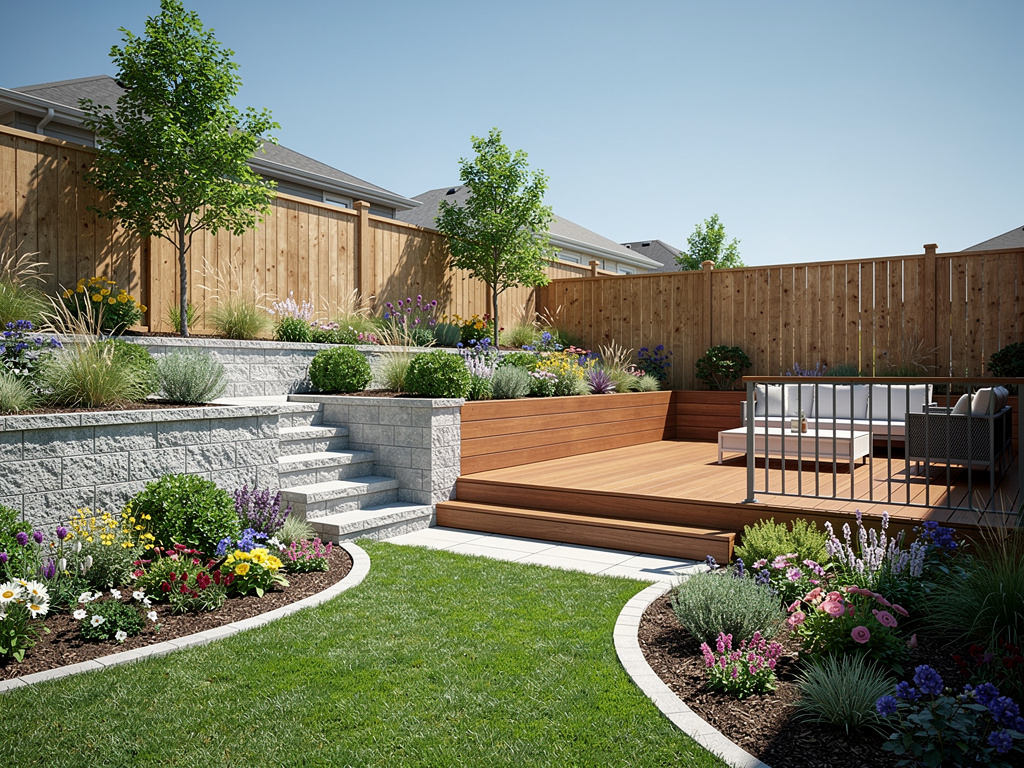 Jardín moderno con terraza de madera, escaleras de piedra, flores coloridas y cerca de madera en patio trasero