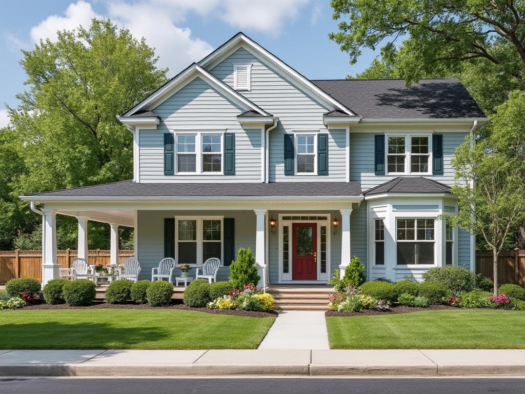 Charming two-story blue house with a welcoming porch, surrounded by lush landscaping and vibrant greenery.