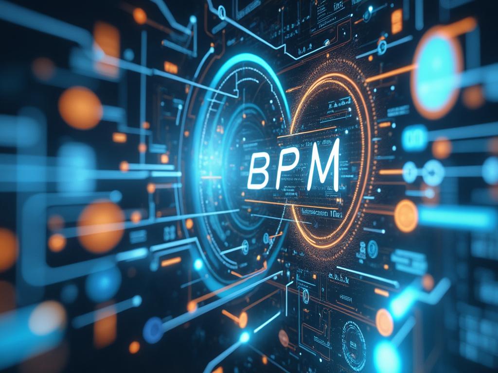 Futuristic digital interface showing BPM with glowing circuits and technological elements.