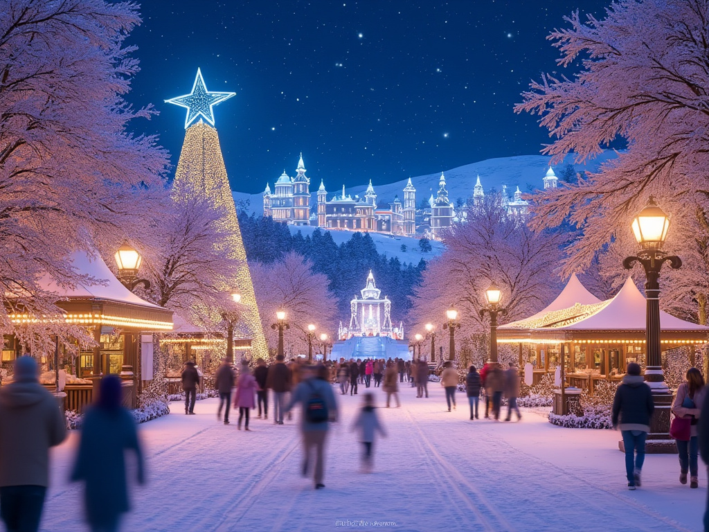 Nighttime winter scene with a large illuminated Christmas tree, bustling people in a snow-covered market street, and a lit-up castle in the background.
