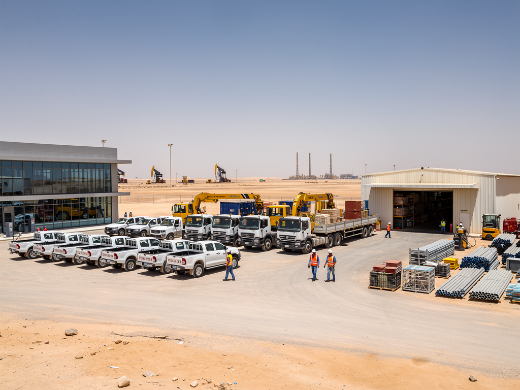 Construction equipment rental yard with trucks, pickup vehicles, cranes, workers, warehouse, and office building in a desert industrial site Construction equipment rental yard with trucks, pickup vehicles, cranes, workers, warehouse, and office building in a desert industrial site