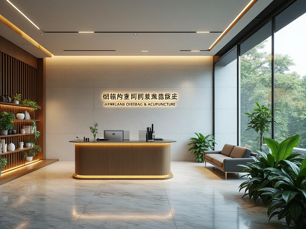 Modern reception area with wooden desk, potted plants, and large windows providing natural light.