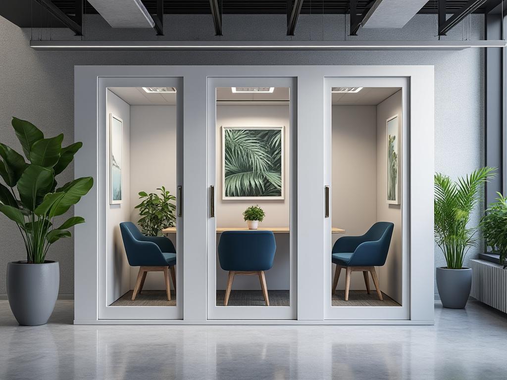 Espacios de trabajo independientes con sillas azules y plantas decorativas en una oficina moderna.