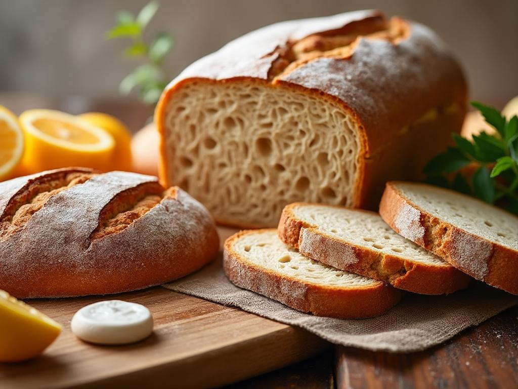 Freshly baked bread assortment with sliced loaf and round loaf on wooden board, surrounded by sliced oranges and herbs.