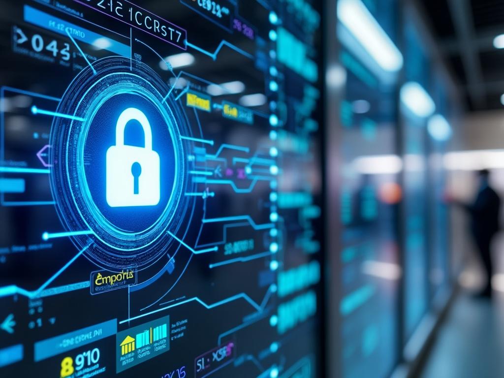 Futuristic digital security interface with glowing lock symbol and technological network overlays in a data center environment.